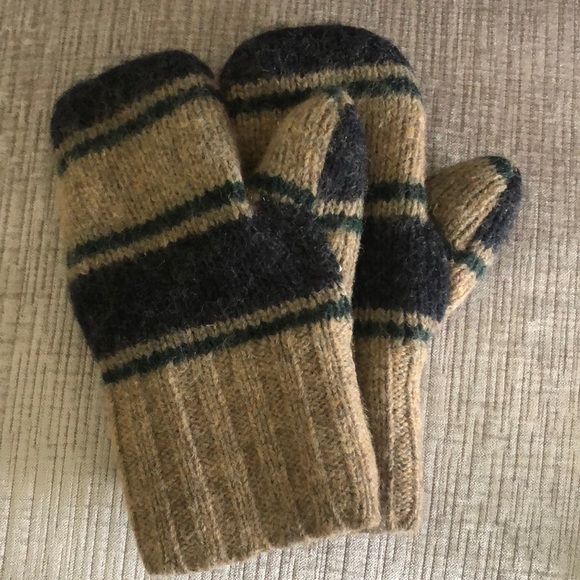 Hand Knitted Wool Mitts Lined Super Warm Navy, Green & Beige M-L - Picture 3 of 4
